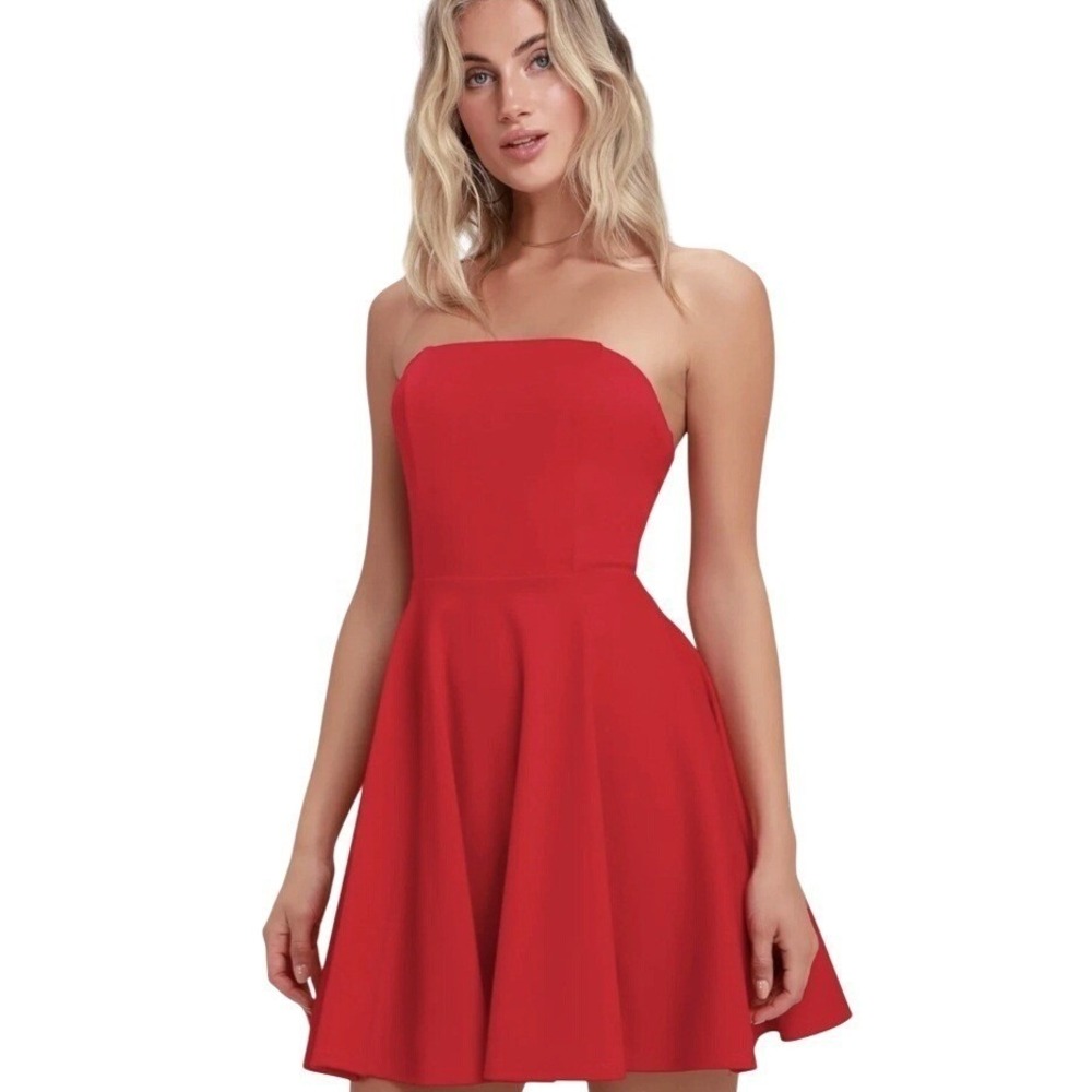 Lulus | Red Strapless Fit and Flare Skater Dress Ponte Knit | Size S